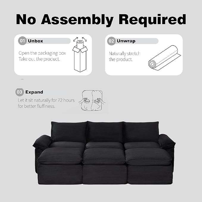 Modular 2-in-1 Sofa Bed &amp Ottoman Set - Corduroy Boneless Cloud-Like Living Room (Black Sofa Bed-3 Seaters+3 Ottomans)