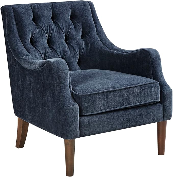 Madison Park Qwen Upholstered Accent Chair with Solid Wood Legs Button Tufted Round Arms Removable Seat Cushion Transtional Pipped Padded Cushion Seat Bedroom Lounge Comfy for Reading Navy