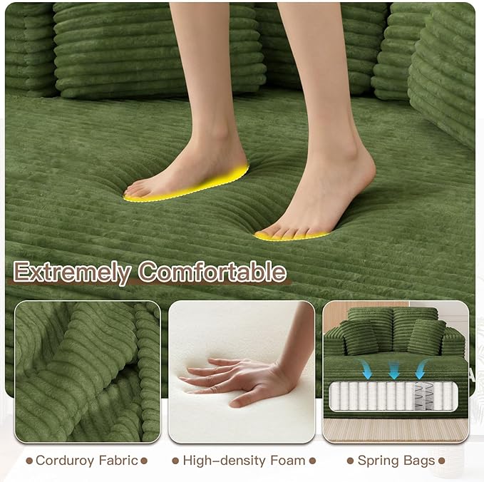 56 Oversized Chaise Lounge Chair IndoorPlush Corduroy Sleeper Sofa Couch Bed with Pillows&ampWide ArmrestsFluffy Comfy Cloud CouchCompression Foam Couch for Living RoomBedroom(Green)