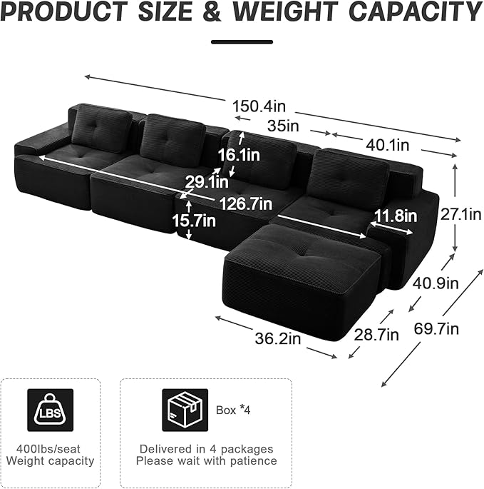 153 Modern Compressed Boneless Couch with Ottoman 4 Seater Large L Shaped Sectional Couches for Living Room Black Corduroy Cloud Modular Sectional Sofa Memory Foam Extra Deep No Assembly
