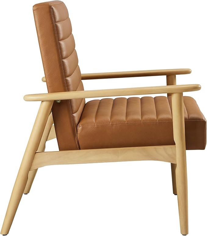 Modway Jensen Vegan Leather Accent Chair in Natural Tan - Mid-Century Modern Armchair with Solid Wood Legs &amp Armrest - Upholstered Faux Leather Single Side Chair - Reading Chair for Living Room