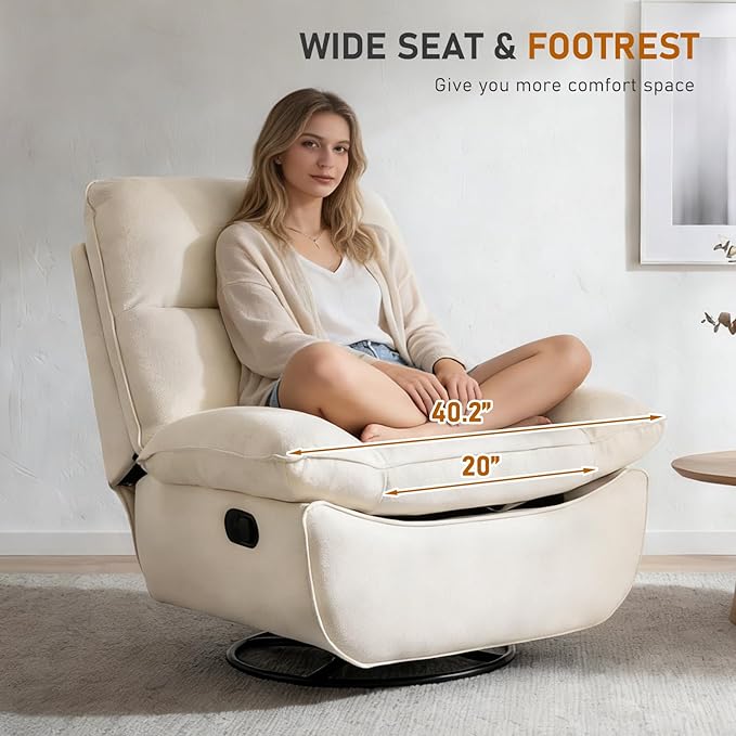 Furnimart Swivel Oversized Recliner Chair Extra Wide Manual Recliner Chair for Adults Nursery Glider Rocking Chair Comfy Reading Chair with Side Storage for Living Room Bedroom Chenille Beige