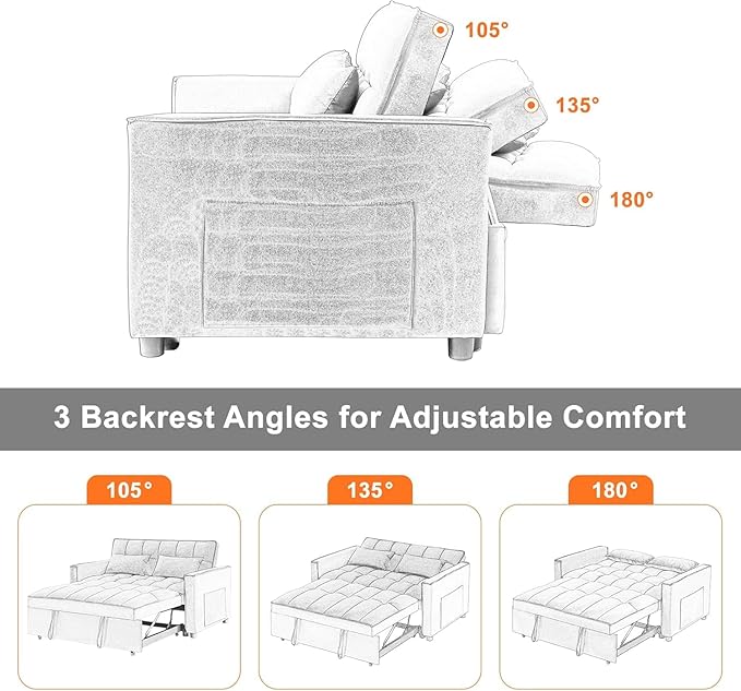 3 in 1 Convertible Sleeper Sofa BedFuton Couch with Pull-Out Bed &amp Adjustable BackrestVelvet Fabric Loveseat Sleeper with Side Pocket for Small Apartment Living Room Office (Light Grey) | Adju