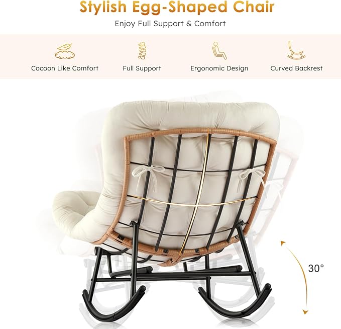 IDEALHOSUE Papasan Rocking Chair with Foot Rest Ergonomic Papasan Chair with Thick Soft Cushion Metal Frame &amp PE Rattan Lounge Chairs for Living Room Bedroom Relaxation Space