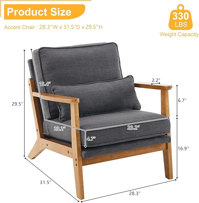 Karl home Accent Chair Wide Armrest Mid-Century Lounge Chair Linen Fabric Armchair with Lumbar Pillow &amp Solid Wood Frame for Living Room Bedroom Balcony Gray