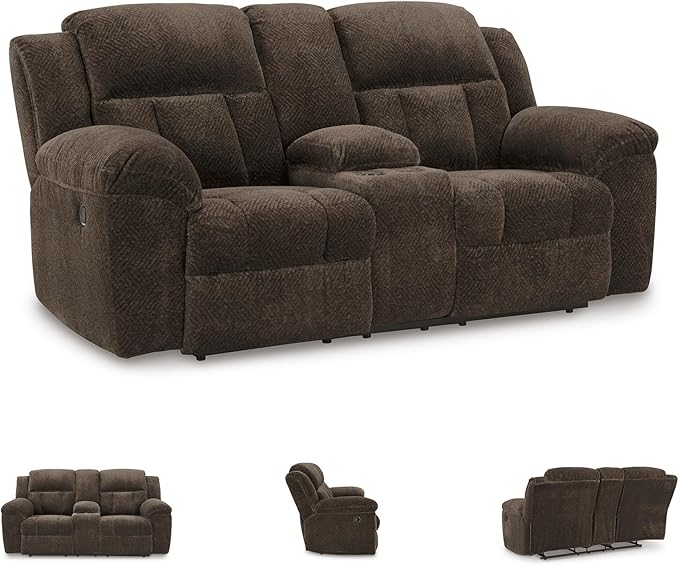 Signature Design by Ashley Frohn Modern Manual Double Reclining Loveseat with Console Storage and Cup Holders Dark Brown