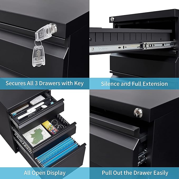 Anwick 3 Drawer Mobile File Cabinet Under Desk Fully Assembled Except Casters fits Letter/Legal/A4 Size for Home Office (Black 3-Drawer)