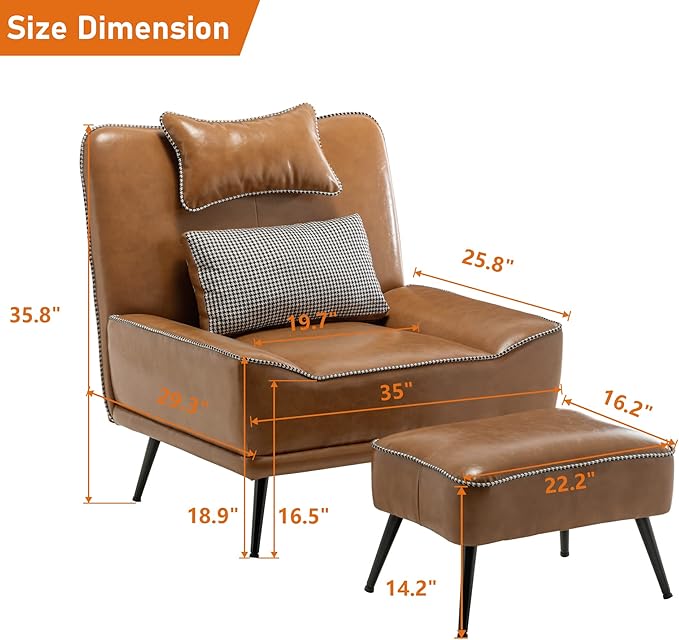 Yongqiang 35 Accent Chair with Ottoman Mid Century Modern Upholstered Faux Leather Chairs for Living Room Bedroom Lounge Chair Armless Sofa Chair and Ottoman Brown