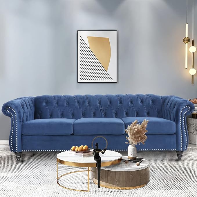 LEVNARY Three-Seat Velvet Sofa Large Sofa Classic Tufted Chesterfield Settee Modern 3 Seater Couch Furniture Tufted Back for Living Room Blue