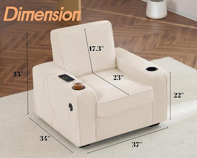 AMERLIFE Corduroy Sofa Chair Modern Comfy Accent Chair with Cup Holders &amp USB Ports Upholstered Living Room Chair Beige