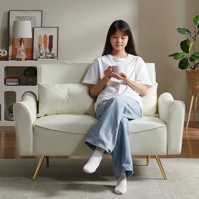 Brelice 48 Faux Leather Loveseat Sofa Modern Small Couch for Small Space with 2 Pillows 2 Seater Couch for Living Room Bedroom Office Apartment (Beige)