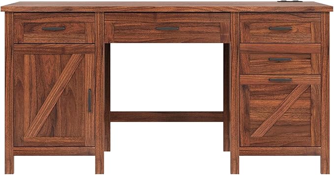 VOWNER Executive Desk with File Drawer Farmhouse Office Desk with Charging Station Computer Desk Workstation for Home Office Walnut