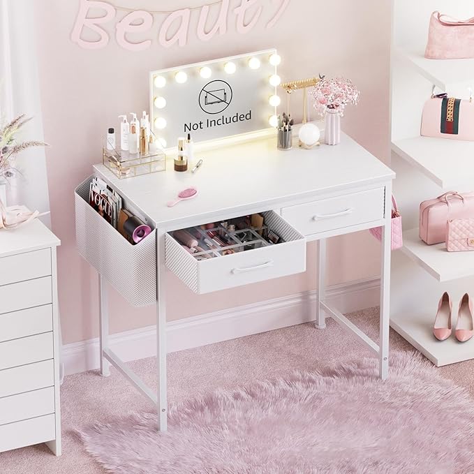 DLisiting White Desk with Storage Drawers - 39 Inch Small Computer Desk with Drawers for Bedroom Home Office Study Writing Vanity Table Without Mirror for Girls Small Spaces