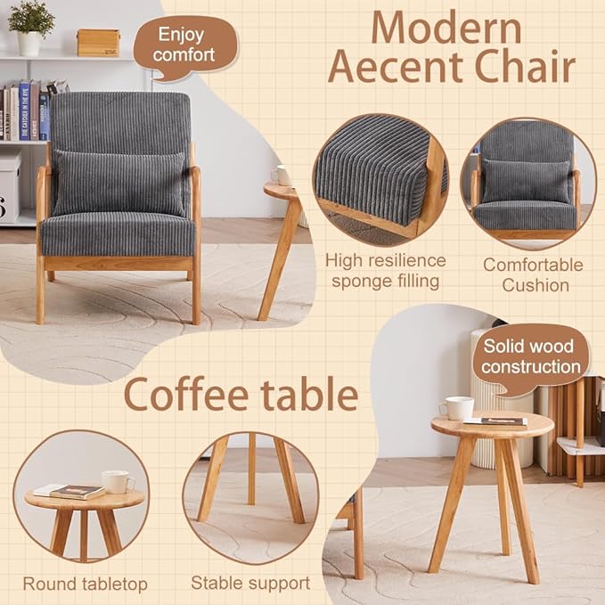 Mid-Century Accent Chair Upholstered Fabric Living Room Chair with Solid Wood Frame Modern Small Side Arm Chairs Comfy Wingback Reading Chair for Bedroom Office (Dark Grey A+Table)
