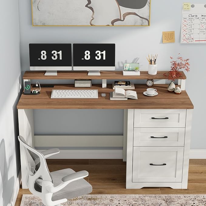 Vabches 47 Farmhouse Executive Desk with Monitor Stand &amp File Cabinet3 Drawers Computer Desk with LED Lights and Power OutletsWorkstation for Home Office StudyWriting.（Unique White）