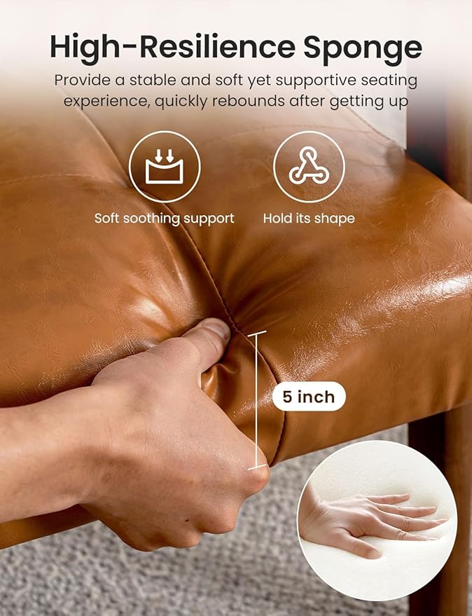 Mid-Century PU Leather Accent Chair Set of 2 Living Room Comfy Bedroom Chairs for Small Spaces Modern Brown Reading Nook Armchair with Solid Wood Legs