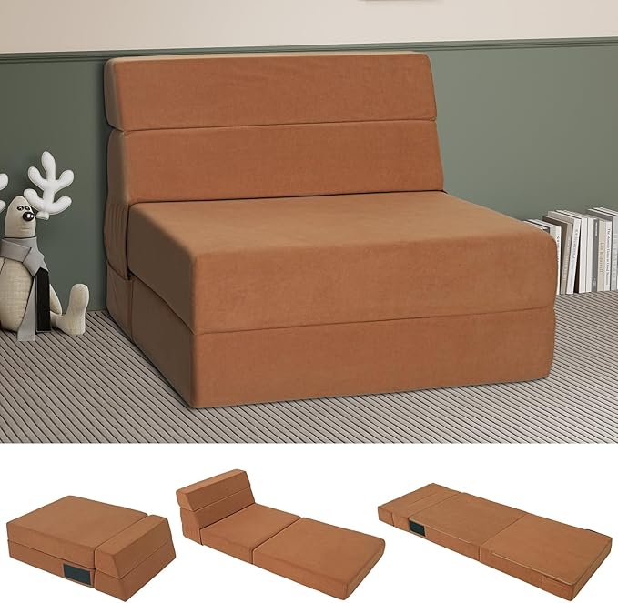 Folding Sofa Bed 4 in 1 Convertible Sleeper Chair with Washable Cover Memory Foam Fold Out Chair Bed Foldable Mattress with Back Support for Living Room Dorm Guest Room Home Office Coffee Brown