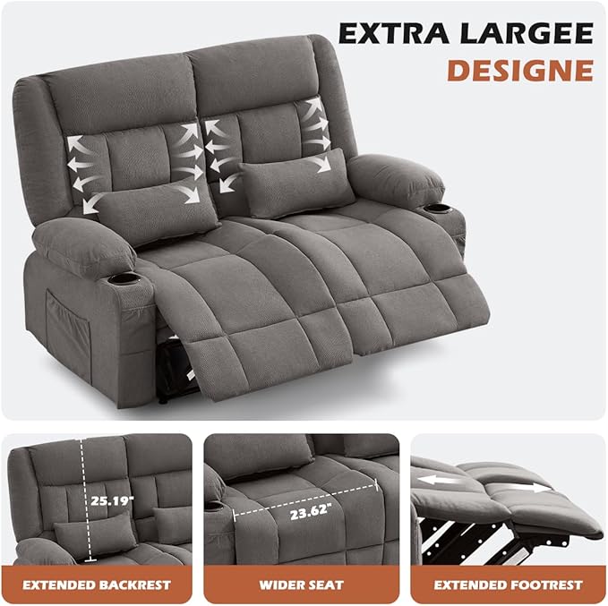 Recliner Loveseat Couch with Cup Holders for Living Room LoveSeat Manual Oversized Recliner with Ergonomic Side Pocket for Adult