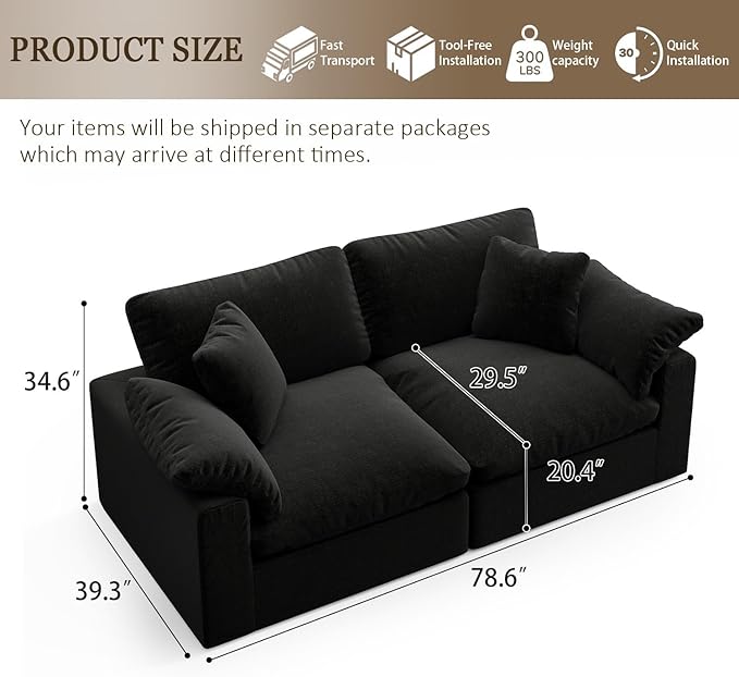 Modular Sectional Sofa Cloud Couch78.6 Down Filled Comfy Cloud Modern Sofa2 Seater with Black Linen Couch Cushion Covers Removable Furniture for Living Room