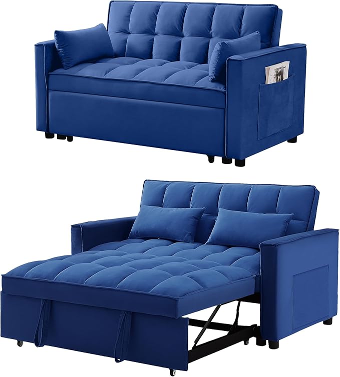 55.2'' Pull Out Couch 2-Seater Sleeper Loveseat 3-in-1 Reclining Sofa Bed Futon Adjustable Backrest with Pillows Pockets Couch for Living Room Apartment Lounge Blue