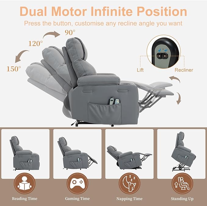 Power Lift Recliner Sofa Chair Electric Stand Assit for Elderly People Leather Reclining Chair with Cup Holders Massage &amp Heat Functions Living Room or Bedroom Furniture for Resting Gray
