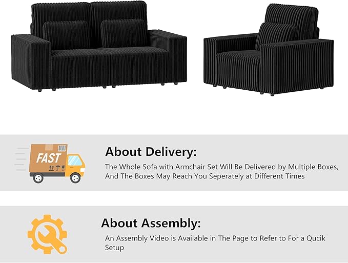 mikibama 2PC Corduroy Sofa Couch with Chair Set for Living RoomModern 2 Piece Loveseat Sofa and Armchair SetDeep Seat 2 Seater Couch with Accent Chair for OfficeApartment