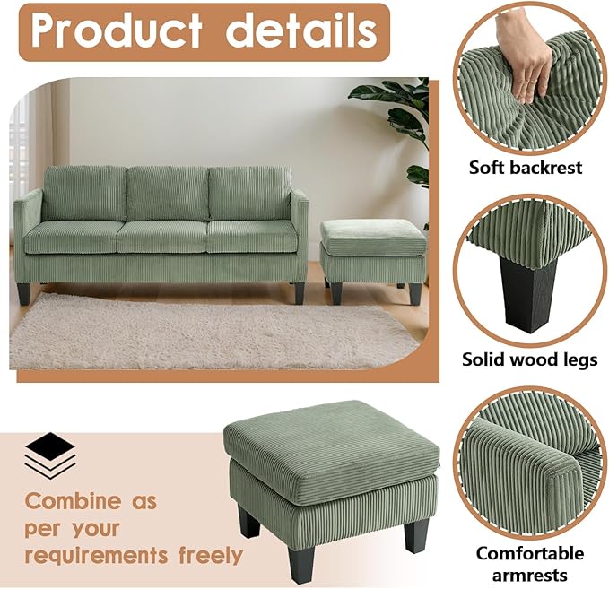 (New) 3 Seater Couch with Ottoman Green Couch with Removable Pillows Velvet Sofas with Side Pockets L Shaped Sofa for Living Room Apartment (Olive Green)
