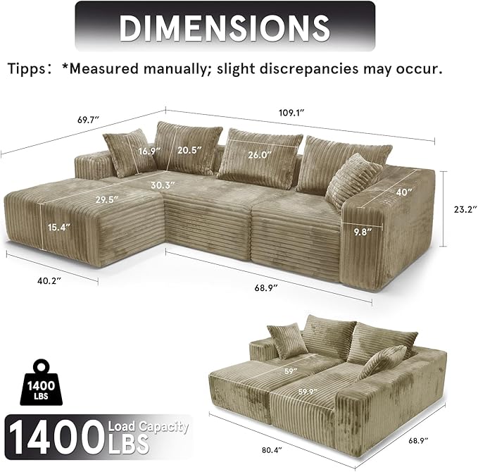 Sytopia 109 L-Shaped Cloud Couch Boneless Modular Sectional Sofa with Deep Seat for Living Room Bedroom Modern Couch Corduroy Comfy Sleeper Futon Sofa Bed 40D Foam Left Facing