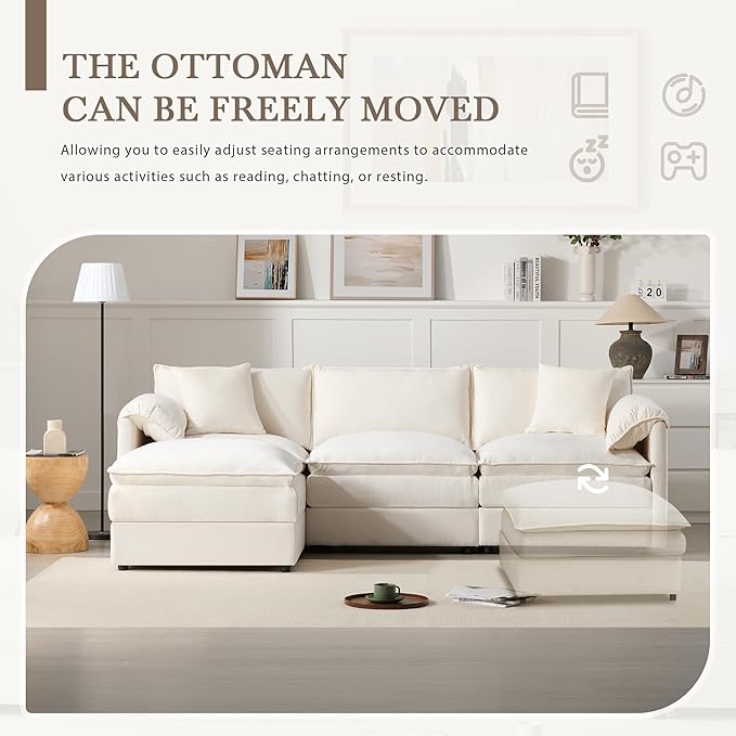 roomfitters 103 Chenille Sectional Sofa L Shaped Cloud Couch with Deep Wide Seat 4 Seat Sofa with Ottoman White