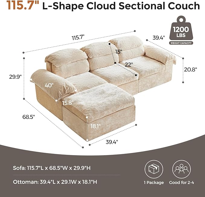 115.7 L Shaped Modular Sectional Sofa with Ottoman Cloud Boneless Couch Upholstered Sofa in a Box Flexible Module Combination for Living Room No Assembly Beige