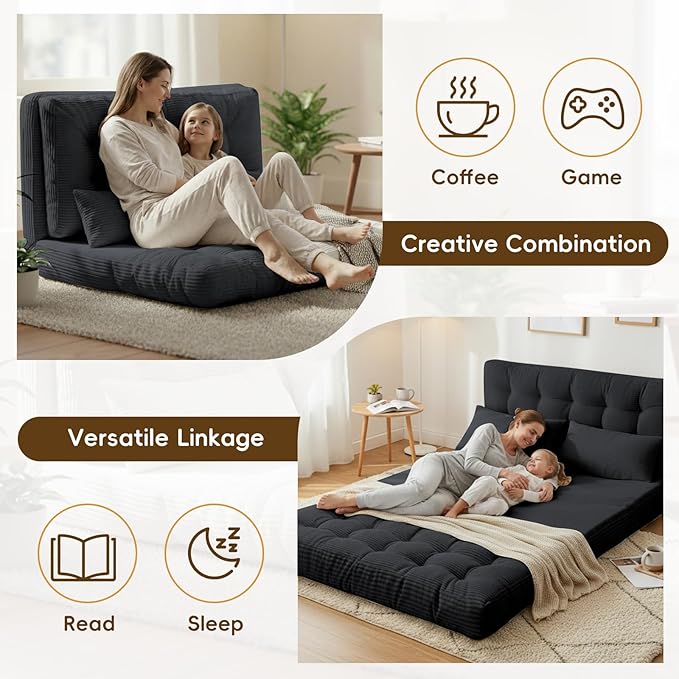 Convertible Sofa Bed 54x91 Inch Thick Tufted Folding Sofa Bed with 2 Pillows Folding Floor Loveseat Sleeper Couch Mattress for Small Spaces Living Room Bedroom and Adults Gray