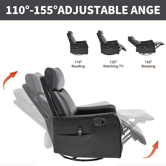 High Back Massage Recliner with Heat - Swivel Rocking Chair for Small Spaces Manual Lazy Boy Recliner for Adults Perfect for Living Room &amp Bedroom Soft Fabric (Black PU)