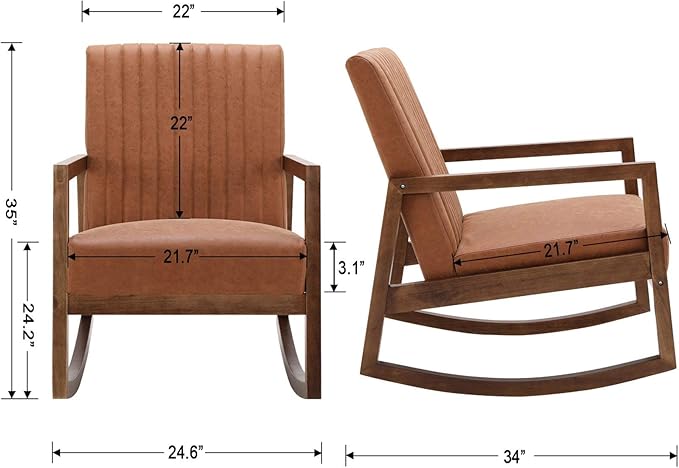 Mid Century Rocking Chair with Wood Frames Faux Leather Upholstered Farmhouse Living Room Chair for Living Room Bedroom Burnt Orange