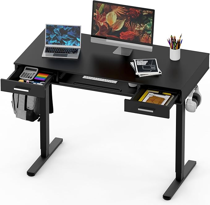 SHW 48-Inch Electric Height Adjustable Desk with Keyboard Tray and 2 Drawers Black