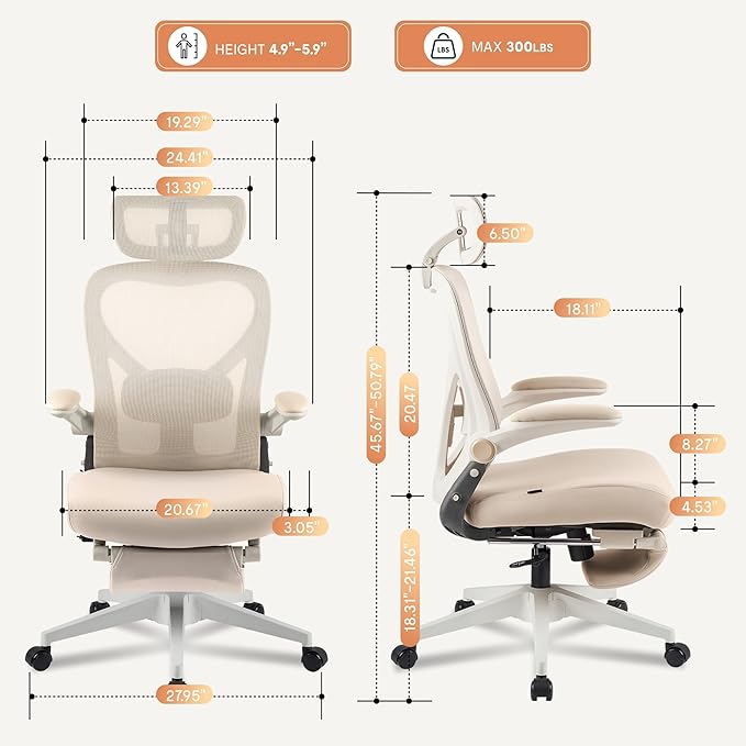 FLEXISPOT Foldex Office Folding Chair Ergonomic Chair for Small Spaces with Lumbar Support Flip-up Armrests 3D Headrest Desk Chairs with Footrest for WorkVideo Game Cream