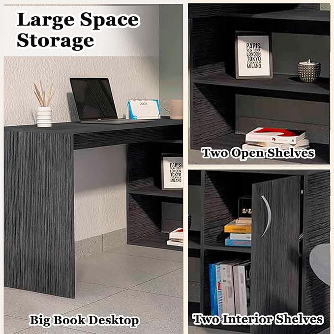 60 Inch Black L Shaped Desk with Storage Large Computer Corner Home Office Desk with File Cabinet &amp 2 Storage Shelves Wood Corner Desk for Small Space Gaming Writing Work