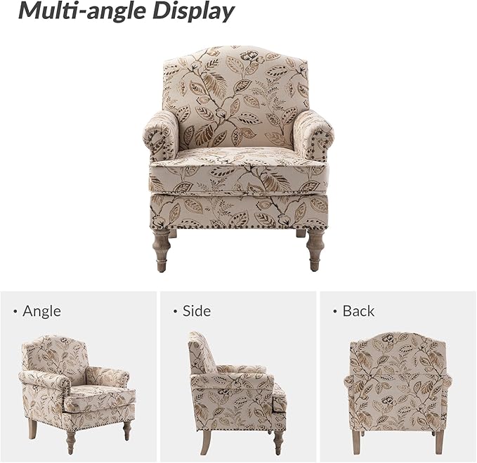 HULALA HOME Accent Armchair with Print Floral Pattern Comfy Upholstered Living Room Accent Chair with Retro Wooden Legs &amp Nailhead Trim Fabric Sofa Chair Reading Chair for Office Bedroom Gingen