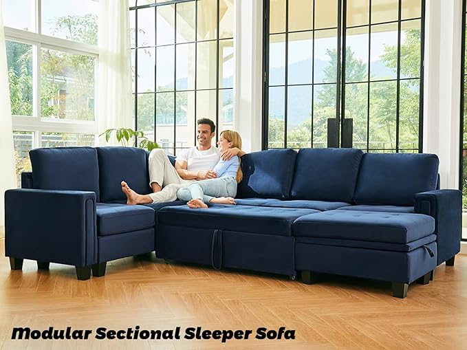 Belffin Pull Out Sofa Bed Module Part for Modular Sectional Sleeper Sofa Armless Loveseat with Pull Out Bed for Sectional Couch Blue