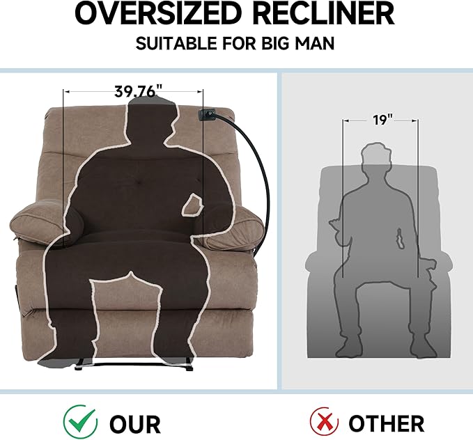 Oversized Recliner Chairs for Adults Manual Large Recliners Big Mans Recliner Chair Extra Wide Single Reclining Sofa Chair for Living Room RV Brown