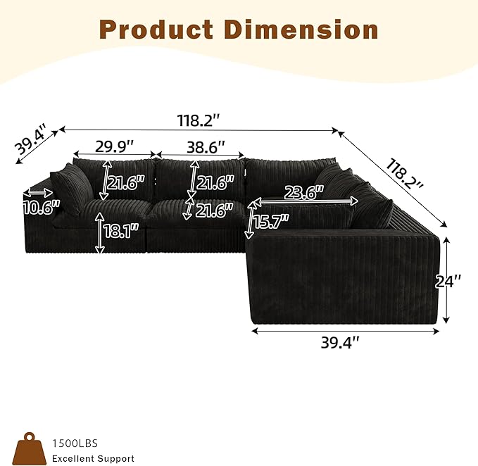 118.2 Modern V Shaped Corner Sofa Comfy Modular Sectional Cloud Couch with Plush Corduroy Fabric Deep Seat Upholstered Sofa Fluffy Boneless Couches for Living Room No Assembly (Black)
