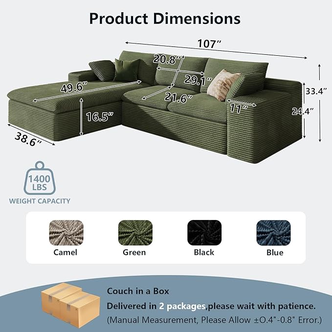 107 Cloud Sectional Couch with L-Shape Chaise Modern Corduroy Viral Boneless Sofa for Living RoomMemory Foam Couches in a Box with Deep SeatNo Assembly Required (GreenLeft-Facing Chaise)