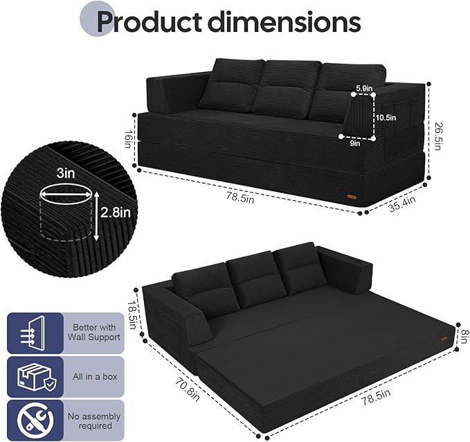COMAX Futon Sofa Bed Queen 79 Convertible Sofa Bed Couches for Living Room 4 in 1 Folding Boneless Sleeper Corduroy Couch Loveseat Foam In a Box Comfy Foldable Lounge Fold Out Floor Mattress Black