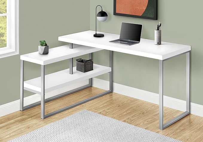 Monarch Specialties I 7585 Computer Desk Home Office Corner Left Right Set-up Storage Shelves 60 L L Shape Work Laptop Metal Laminate White Grey