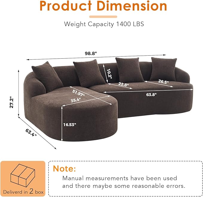 Oversized Sectional Sofa with Chaise with 4 Throw Pillows 99 Modern Luxury Chenille 4-Seater Sofa Extra Wide Seat L-Shape Curved Cloud Couch for Living Room Antique Brown