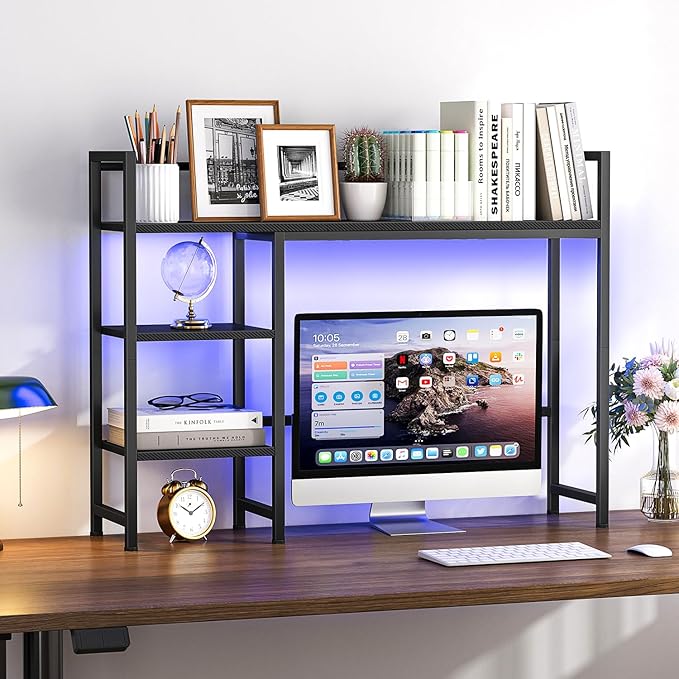 Snughome Desk Shelf with LED Strip 38.6 Desktop Organizer Shelf Desk Hutch for Computer Monitor 4 Tier Desk Display Rack Wood Desktop Bookshelf Storage Rack for Home Office Dorm