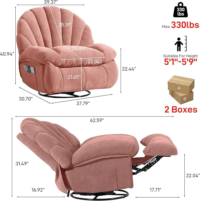 Swivel Rocker Recliner Chair – Shell Shape Manual Big Tall Single 360° Swivel Reclining Sofa with Storage Pockets | Small Space-Friendly for Living Room/Bedroom (NO Massage &amp Heat Pink)