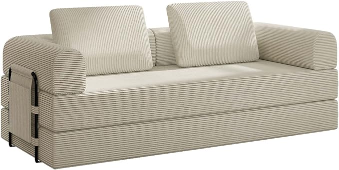 Convertible Sleeper Sofa Bed 3-Seat Corduroy Futon Couch with Cylindrical Pillow Foldable Mattress for Living Room &amp Bedroom 79 Inch Multi-Functional Sofa (Beige)