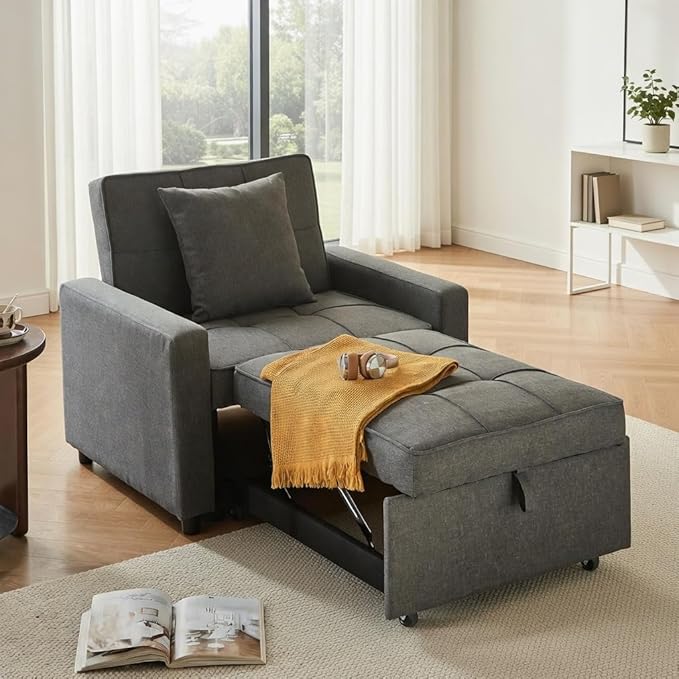 3-in-1 Convertible Sleeper Chair Pull Out Chair with Extra Pillow Lazy Chair Bed Sleeper for Adults Recliner Sofa Bed with 3 Adjustable Angles for Small Spaces Home Office Deep Gray