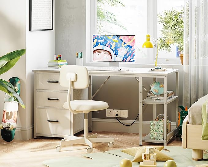 AODK 51 Inch Computer Desk with Drawers &amp USB Power Outlets - Reversible Home Office Desk with Storage Shelves Work from Home Modern Work/Writing/Study Table for Bedroom White