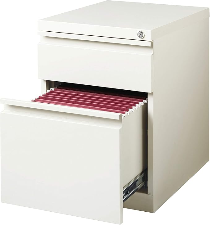 20 Inch Deep Metal Mobile Pedestal File 2 Drawer Box-File with Full Width Pull for Home and Office Holds Letter Width Hanging Folders White